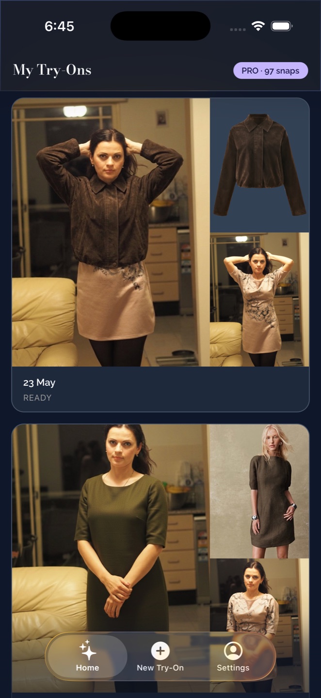 The My Try-Ons gallery in Stylor, showing saved try-on looks with their garments