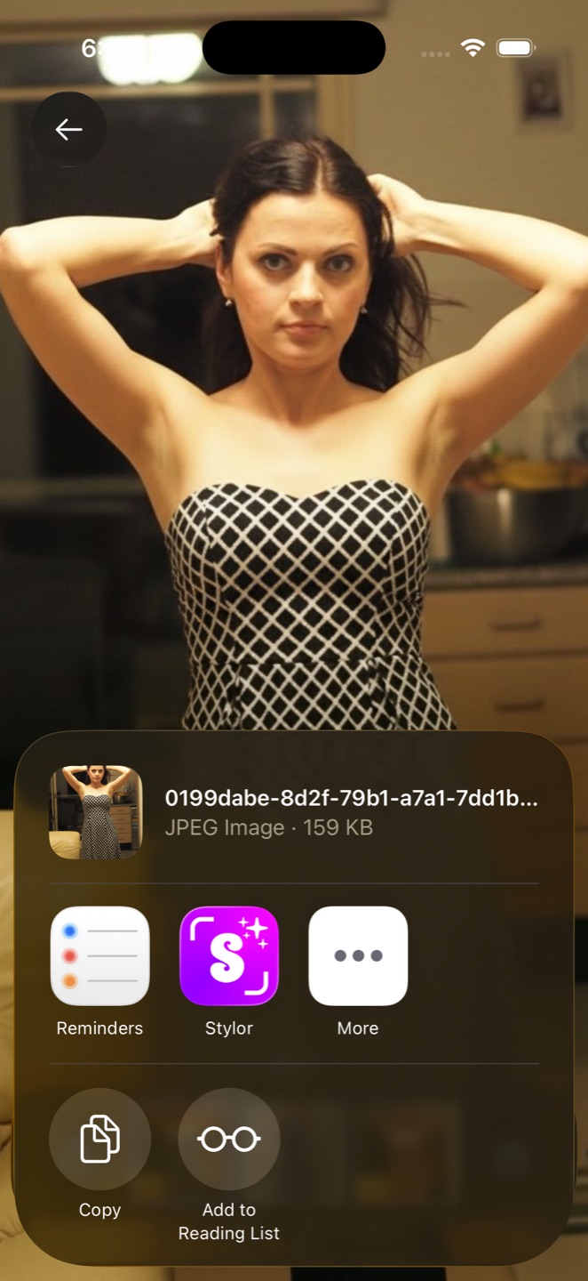 The iPhone share sheet with Stylor as a target, sending a dress photo straight into the app